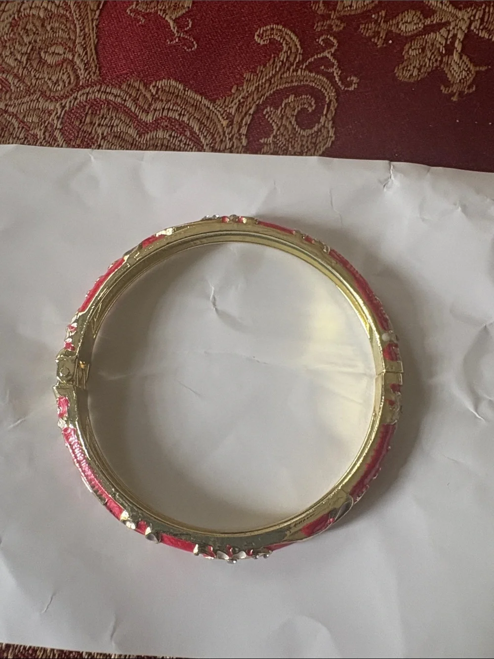 Gold-Tone Hinged Bangle Bracelet with Pink Enamel